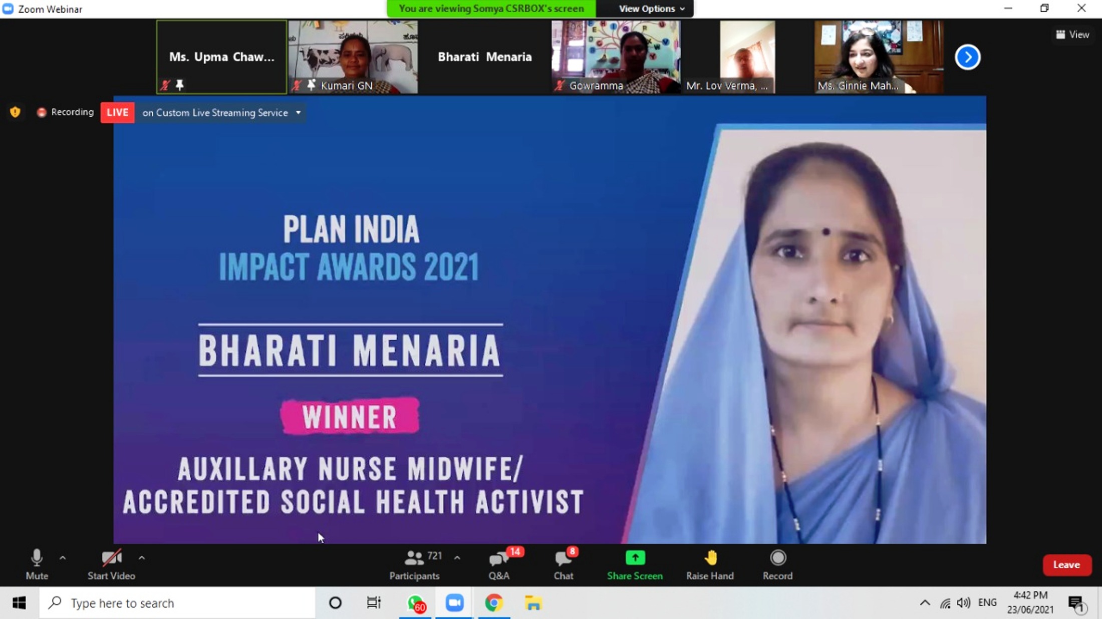 सलूंबर की आशा कार्यकर्ता भारती को मिला प्लान इंडिया इम्पैक्ट अवार्ड