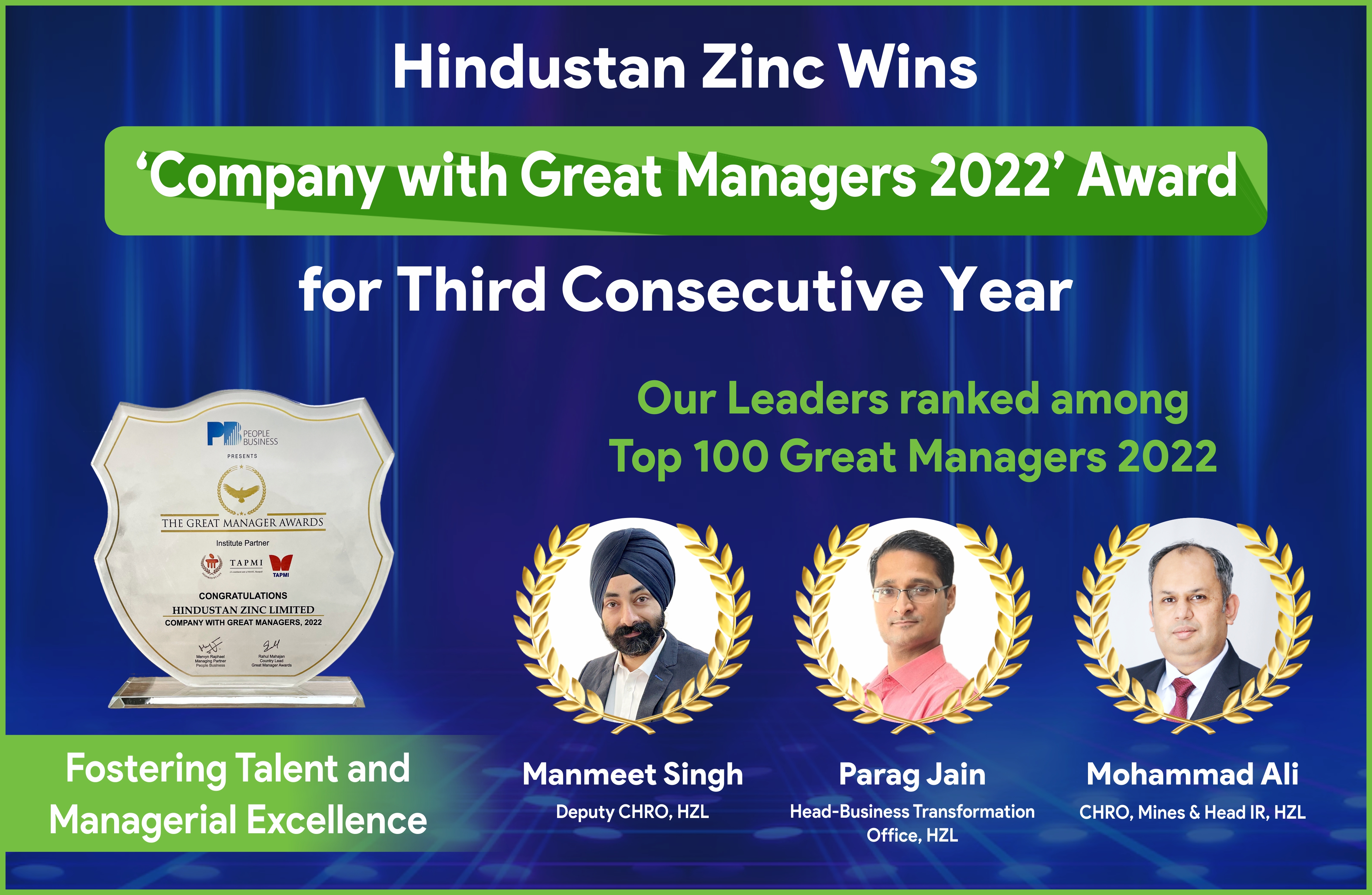 हिंदुस्तान जिंक लगातार तीसरी बार कंपनी विद ग्रेट मैनेजर्स से पुरस्कृत
