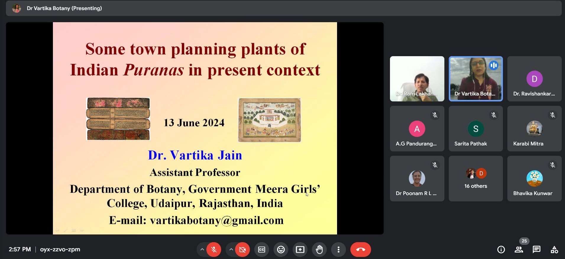 Invited talk of Dr Vartika on Town planning plants of Indian Puranas in present context 
