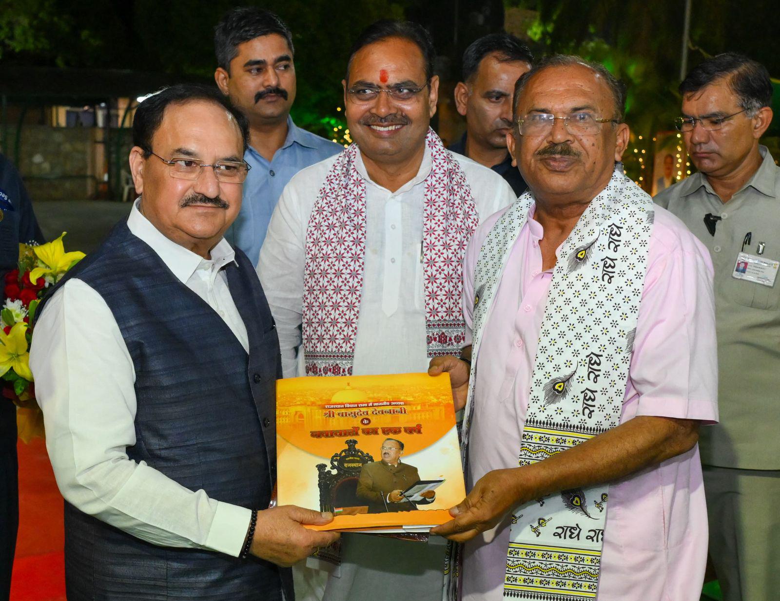 Vasudev Devnani Presents ‘A Year of Innovation in Rajasthan Assembly’ to Union Minister JP Nadda